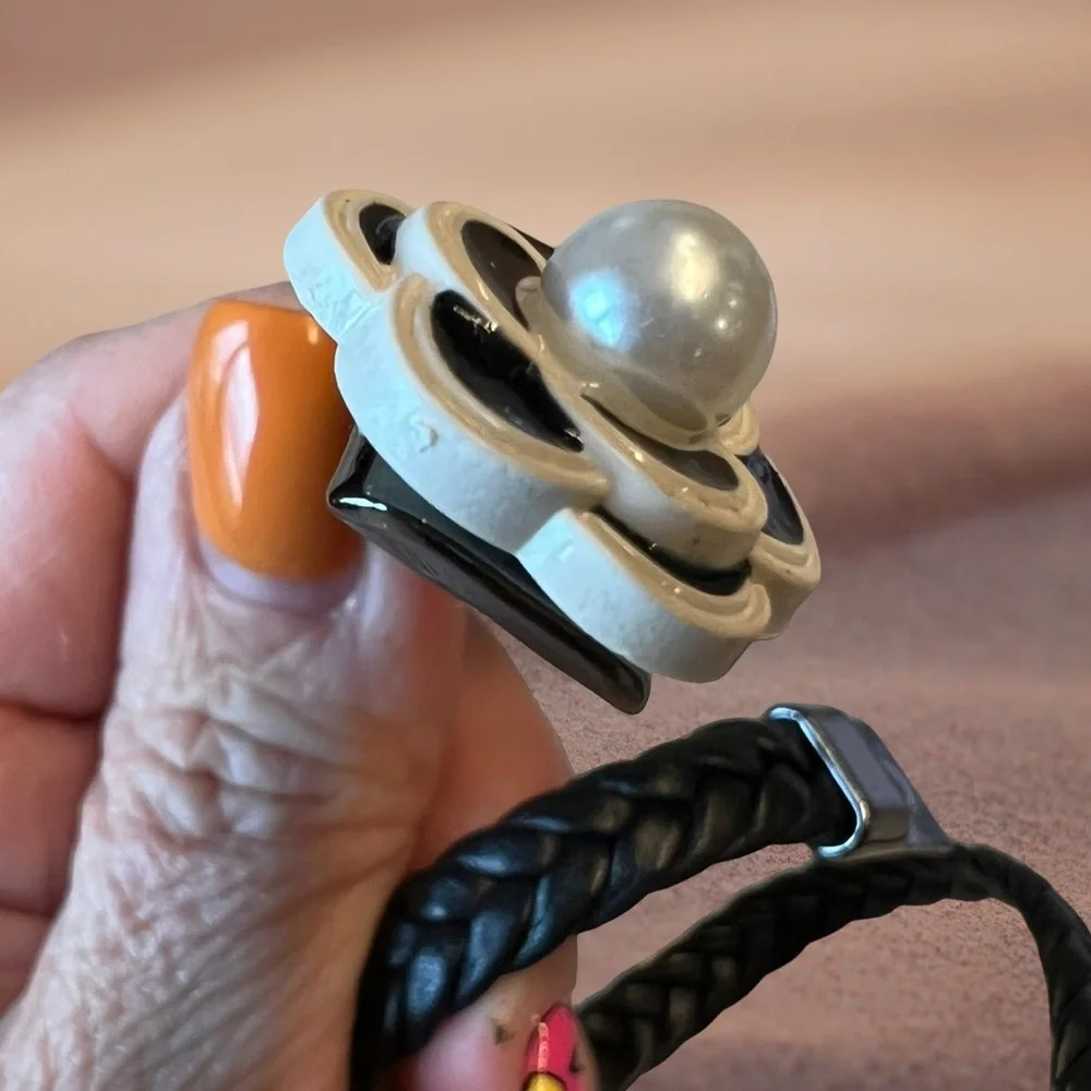 Black Braided Bracelet with Black & White Camellia Flower Charm - Picture 4 of 11